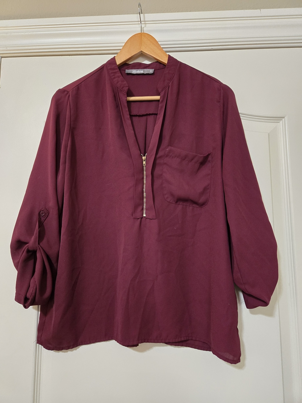 Women’s Burgundy Half-Zip Patch-Pocket Blouse by 2Sable